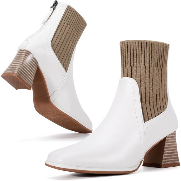 Women's Square Toe Ankle White Boots Low Block Heel Chelsea Mid Calf Booties - Picture 1 of 7